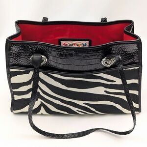 Brighton 2000 Tote Zebra Print Canvas Croc Embossed Faux Leather Braided Handles